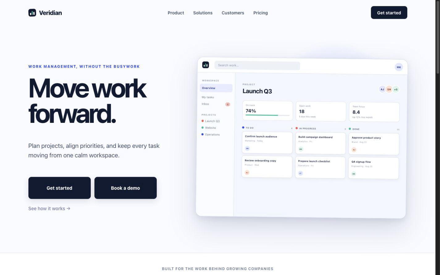 Desktop capture of the fictional Veridian landing page